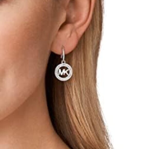 MICHAEL KORS Silver Dangle Crystal Earrings with 'MK' Logo - Small Round - Picture 3 of 13